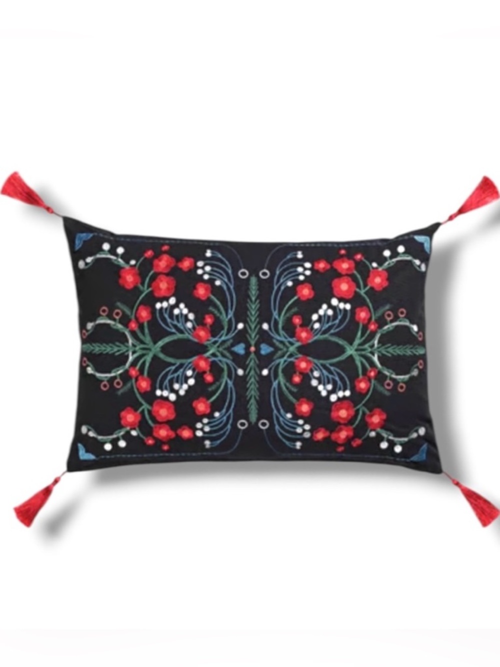 IKEA VINTERFINT Embroidered Pillow Cover 16x23 Black Red Folk Floral Boho